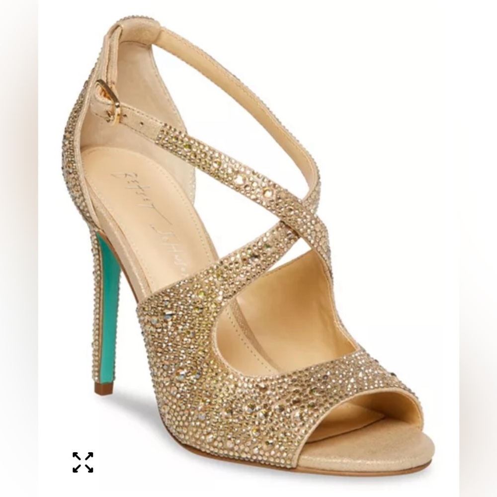 Betsey Johnson | Sage Gold Rhinestone Peep Toe Stiletto Heels | Sz 8